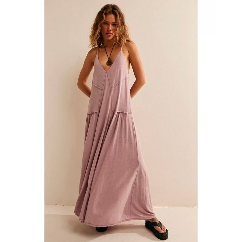 Free People Eros Maxi Dress NWT M | Candy Lilac Linen Blend Open Back Boho Beach